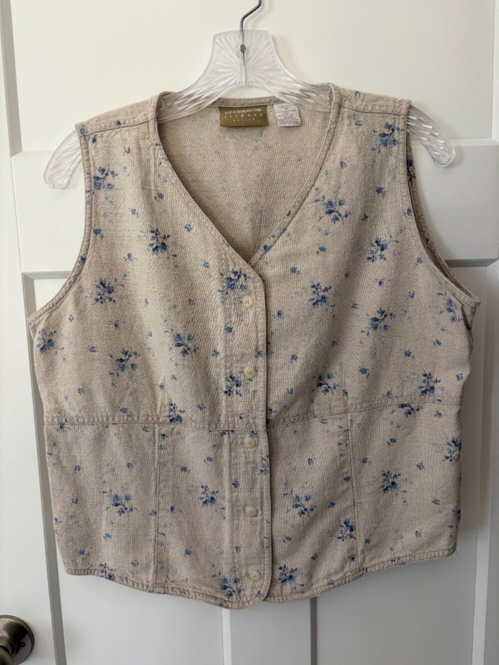 Liz Claiborne Linen Blend Floral Vest 14P Cream Cottagecore Button Front 90s
